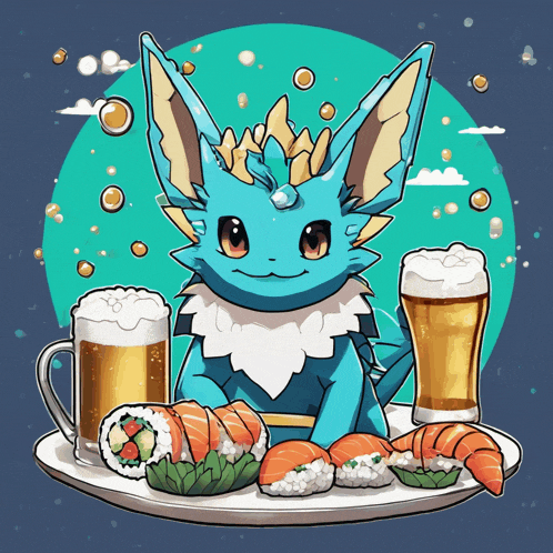 a cartoon drawing of a blue pokemon sitting on a plate of sushi and beer