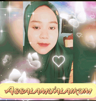 a woman wearing a green hijab is surrounded by hearts and says assalamualaikum