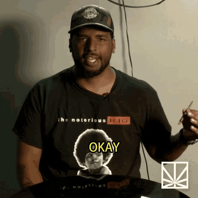 a man wearing a black shirt that says the notorious big on it