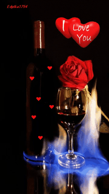a bottle of wine a rose and a glass of wine with a heart that says i love you