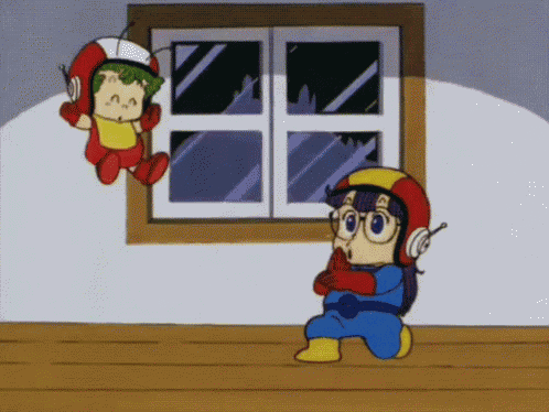 a cartoon character is kneeling in front of a window while another character is flying through the air