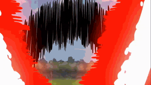 a painting of a landscape with a red and white background
