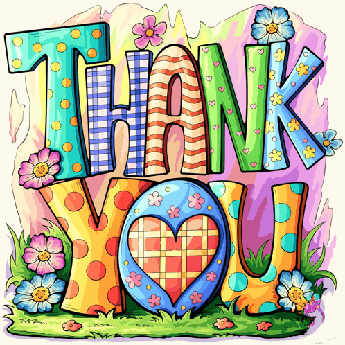a colorful drawing of the word thank you with flowers