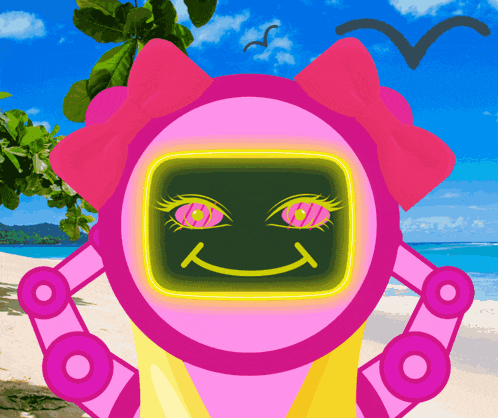 a pink and yellow robot with a smiley face on it 's face