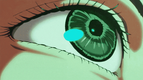 a close up of a person 's green eye with a blue tear coming out of it