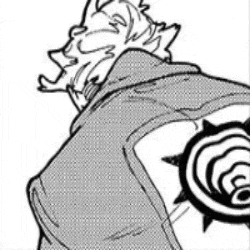 a black and white drawing of a person wearing a jacket with a circle on the back .