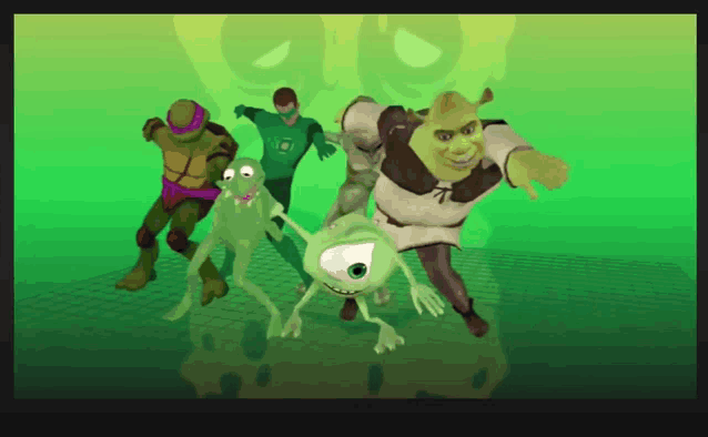 a group of cartoon characters including shrek mike and teenage mutant ninja turtle