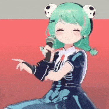 a girl with frog ears is holding a microphone and pointing .