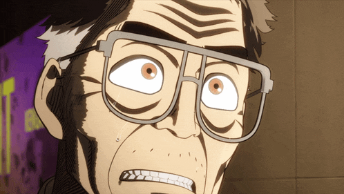a cartoon drawing of a man wearing glasses with a surprised look on his face