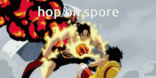 a picture of two anime characters with the words hop on spore written on the bottom