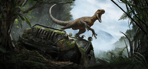 an illustration of a dinosaur standing on top of a jeep