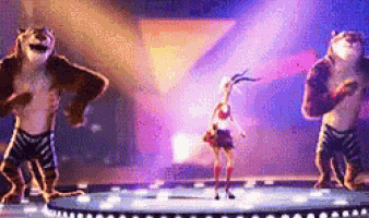 a group of animals are dancing on a stage in a cartoon .