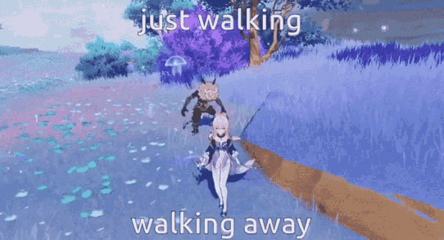 a video game character is walking away from another character in a field .