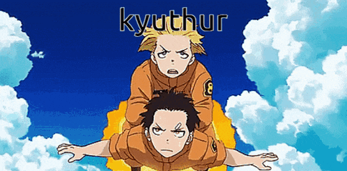 two anime characters are flying through the air with the word kyuthur written on the bottom