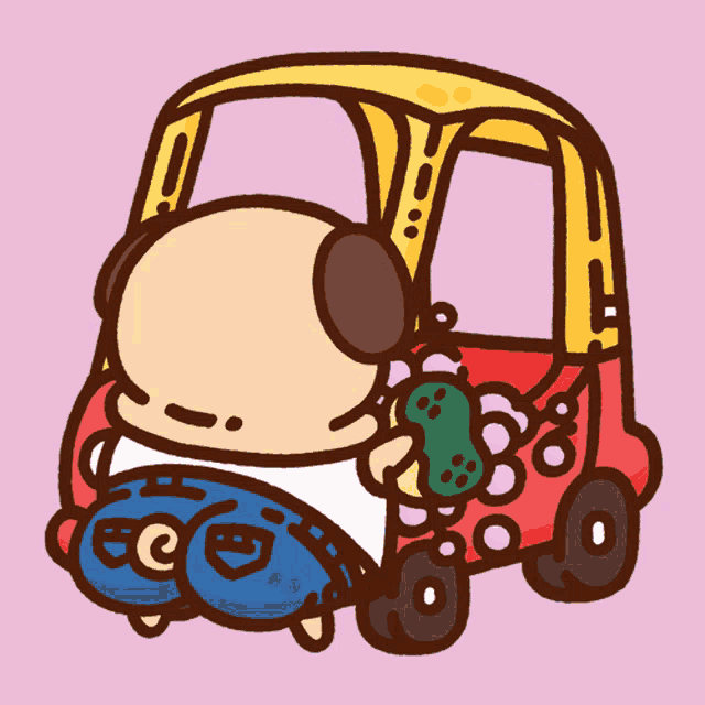 a cartoon drawing of a pug driving a toy car