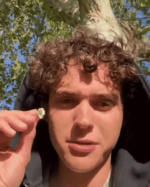 a young man with curly hair is holding a flower in his hand .