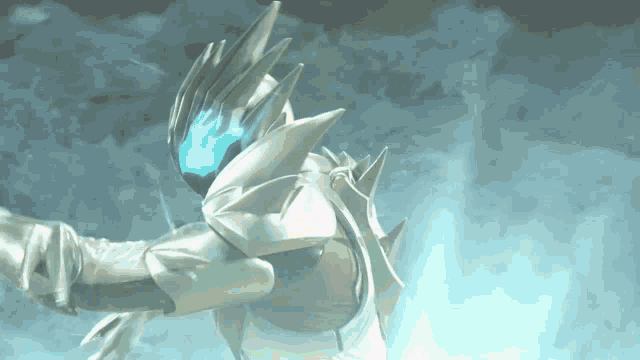 a person in a white suit with a blue light on their face