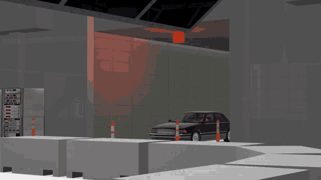 a computer generated image of a black car in a room with servers