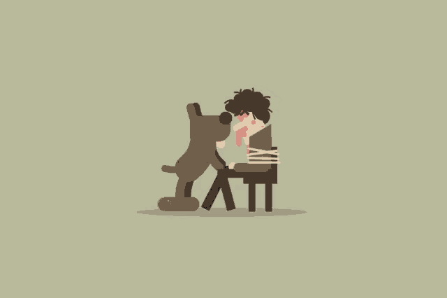 a cartoon of a man tied to a chair with a teddy bear