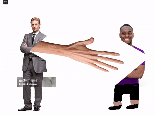 a man in a suit and tie with his arms crossed is being reached out by a giant hand