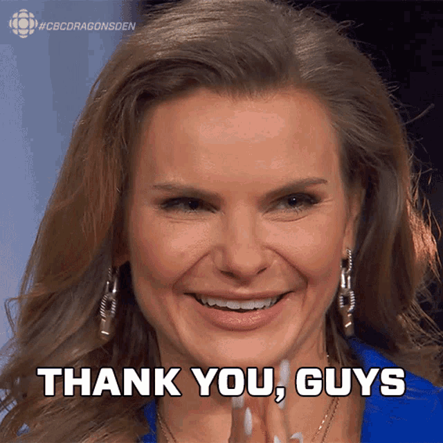 a woman says " thank you guys " with her hands folded