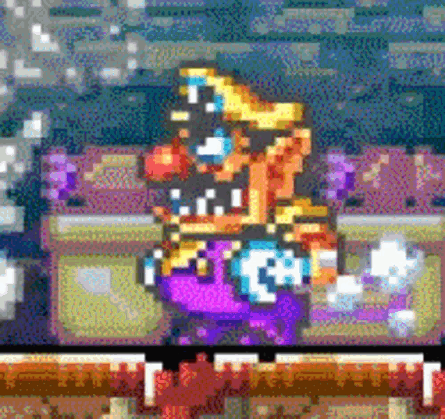 a pixel art of a cartoon character standing on a ledge
