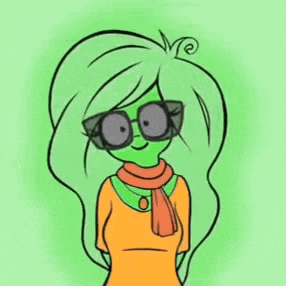 a cartoon character with green hair and glasses is wearing a scarf .