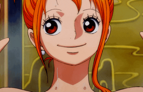 a close up of a woman 's face with orange hair and red eyes