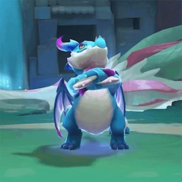 a cartoon dragon with wings and horns is standing on a green field