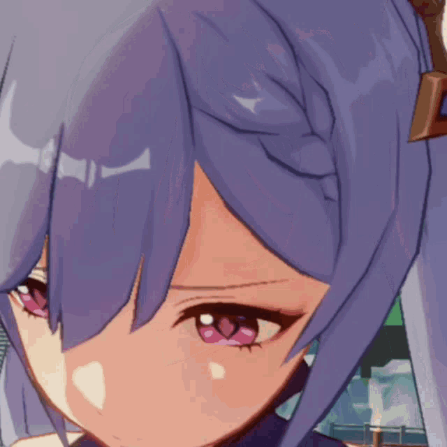 a close up of a girl with purple hair