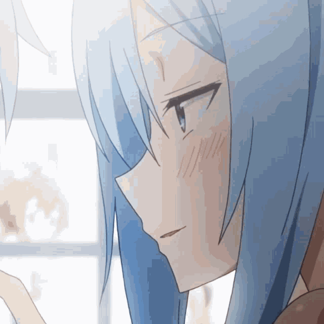 a close up of a blue haired anime character