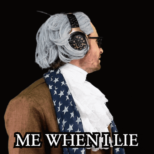 a man wearing a wig and headphones has the words me when i lie on the bottom