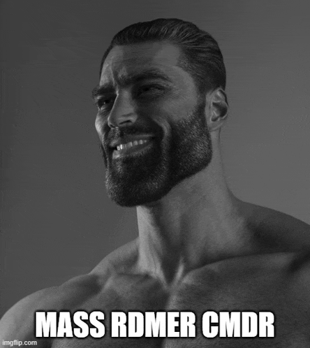 a man with a beard is smiling in a black and white photo with the caption mass rdmer cmdr