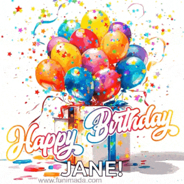 a happy birthday greeting card with balloons and confetti for jane