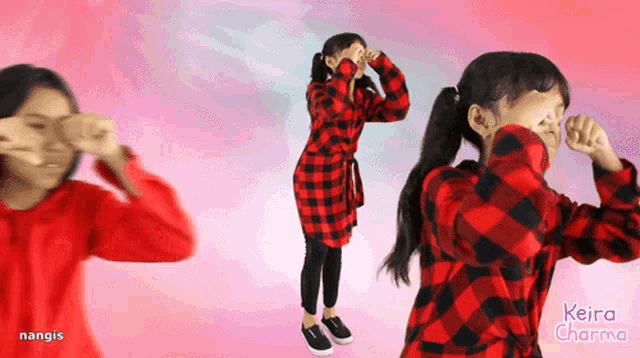 a girl in a red and black plaid shirt with the name keira charma on the bottom right