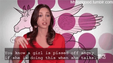 a woman in a red shirt says you know a girl is pissed off angry if she is doing this