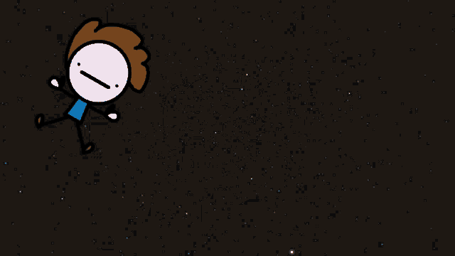 a cartoon character with brown hair and a white face is floating in the air