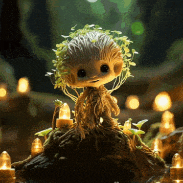 a figurine of a tree with a plant growing out of its head