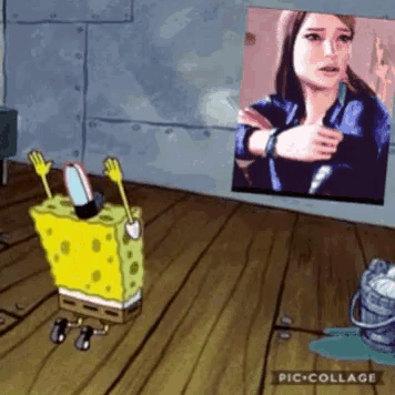 a cartoon of spongebob with a picture of a woman in the background