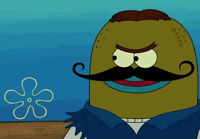 a cartoon character with a mustache and a stitch on his face