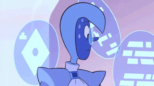 a blue cartoon character with glasses and a bow