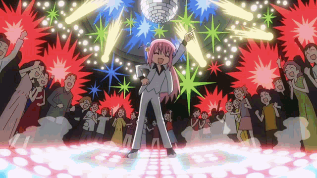 a girl with pink hair is dancing in front of a disco ball in a crowd