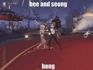 a man is holding a woman in his arms with the words bee and seong bong written on the bottom