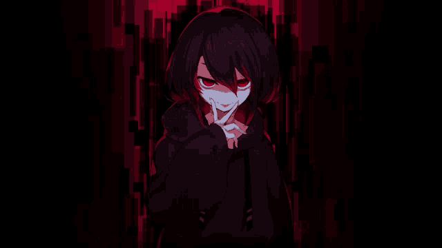 a girl with black hair and red eyes is making a funny face
