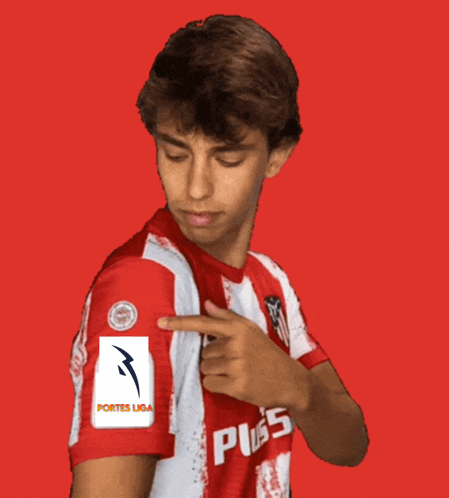 a young man wearing a red and white striped shirt with portes liga written on it