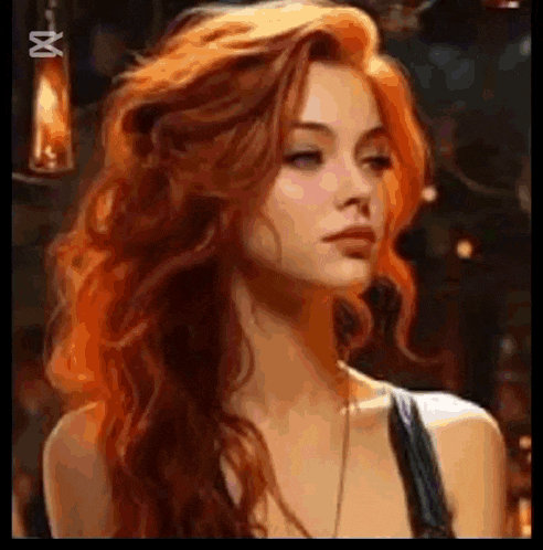 a woman with long red hair is wearing a black top and necklace .
