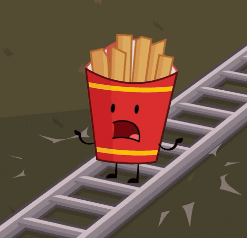a red box of french fries is on a ladder with arms and legs