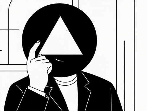 a black and white drawing of a man with a triangle on his head