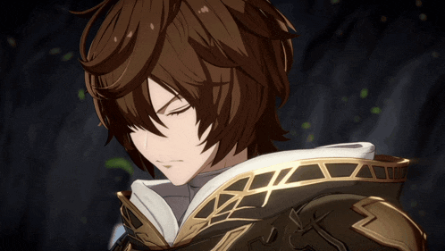 a close up of a brown haired anime character with a hood