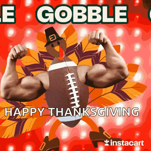 a turkey with muscles is holding a football and says happy thanksgiving on the bottom